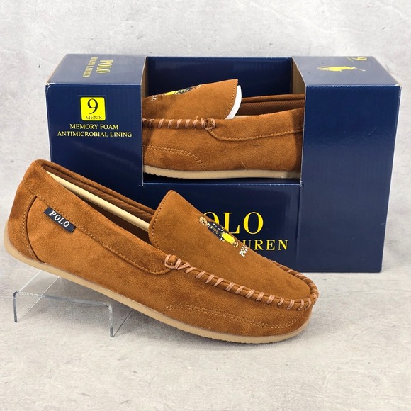 Polo‎ Ralph Lauren Declan Bear Moccasin Slipper Mens Size 9 Brown Suede Lined - Picture 1 of 14